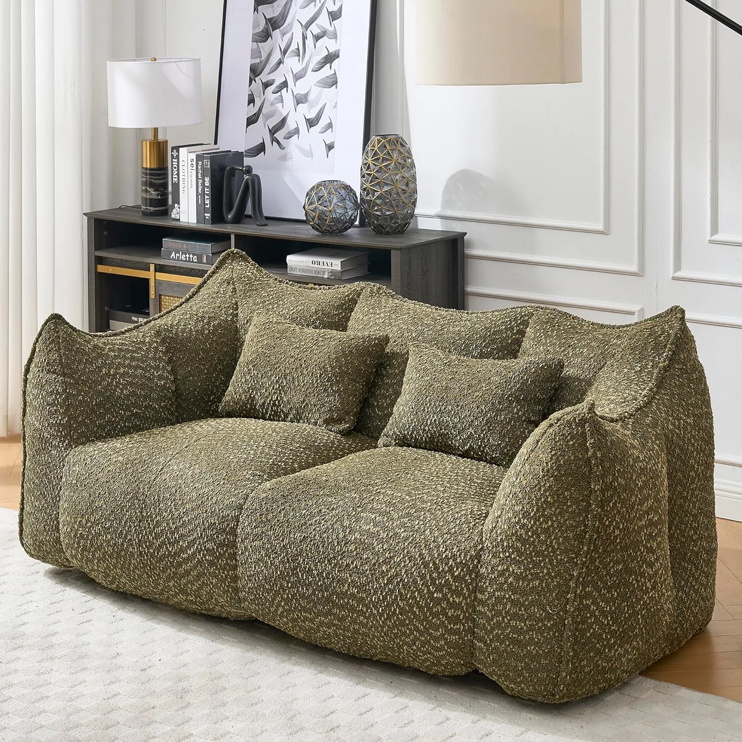 2-Seats Soft Bean Bag Chair, 73" Chenille Beanbag Sofa, Square Stuffed Floor Couch with High Resilience Foam Core for Gaming Reading Watching TV in Living Room Bedroom Apartment, Olive Green