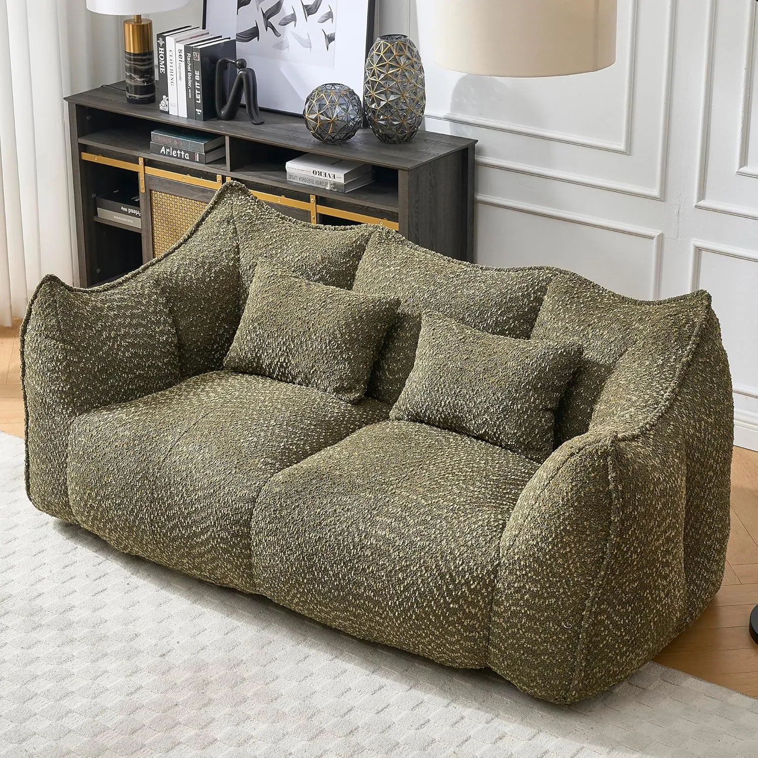 2-Seats Soft Bean Bag Chair, 73" Chenille Beanbag Sofa, Square Stuffed Floor Couch with High Resilience Foam Core for Gaming Reading Watching TV in Living Room Bedroom Apartment, Olive Green