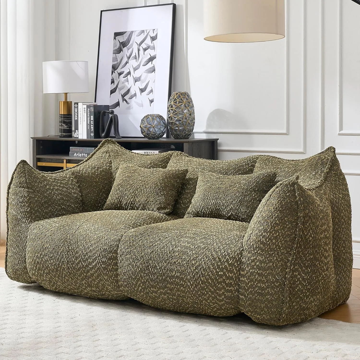 2-Seats Soft Bean Bag Chair, 73" Chenille Beanbag Sofa, Square Stuffed Floor Couch with High Resilience Foam Core for Gaming Reading Watching TV in Living Room Bedroom Apartment, Olive Green