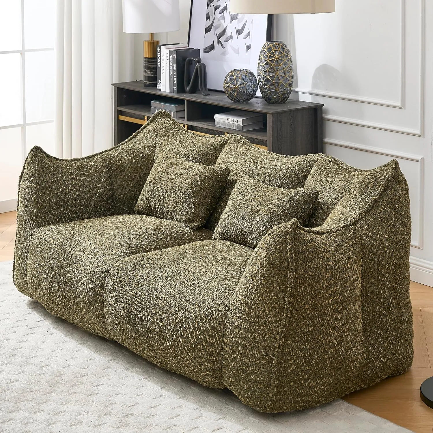 2-Seats Soft Bean Bag Chair, 73" Chenille Beanbag Sofa, Square Stuffed Floor Couch with High Resilience Foam Core for Gaming Reading Watching TV in Living Room Bedroom Apartment, Olive Green
