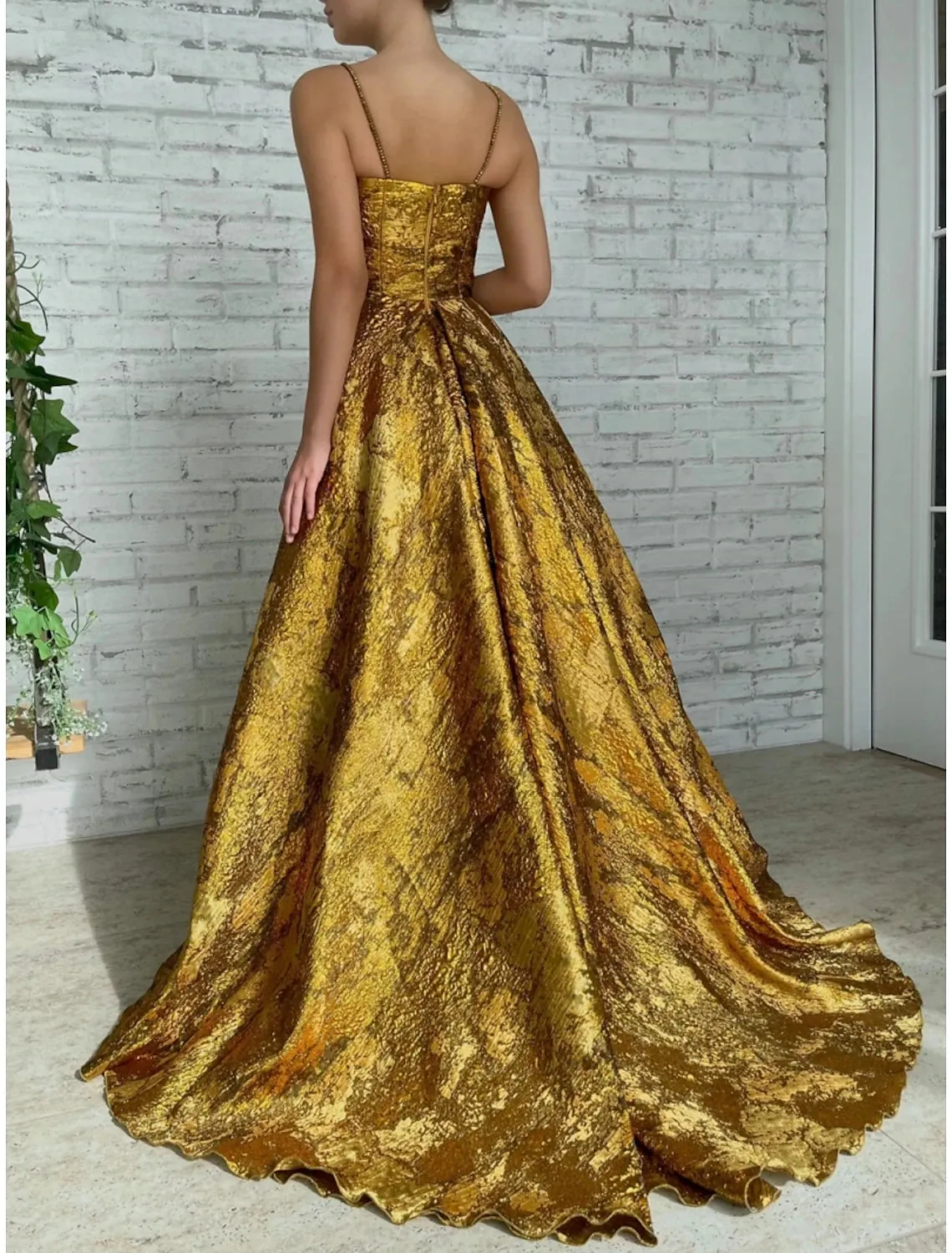 A-Line Evening Gown High Split Dress Formal Christmas Court Train Sleeveless Spaghetti Strap Sequined with Glitter Pleats Ruched