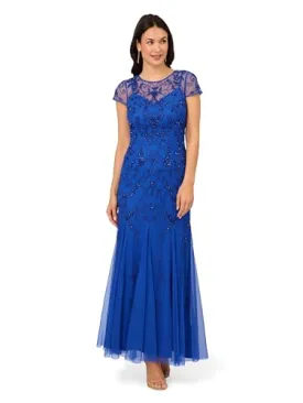 Adrianna Papell Studio Women's Bead Mesh Godet Gown, Brilliant Sapphire, 4