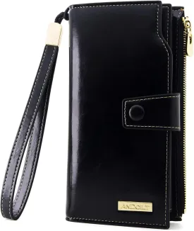 ANDOILT Women's RFID Blocking Large Capacity Luxury Wax Genuine Leather Clutch Wallet Card Holder Organizer Ladies Purse