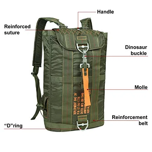 ARYMCAMOUSA AIR Force Parachute Buckles Hook Water Resistant Rucksacks Nylon Large Tactical Backpack Deployment Bag #7 for Military Camping Hunting Hiking Motorbike Travelling Gym