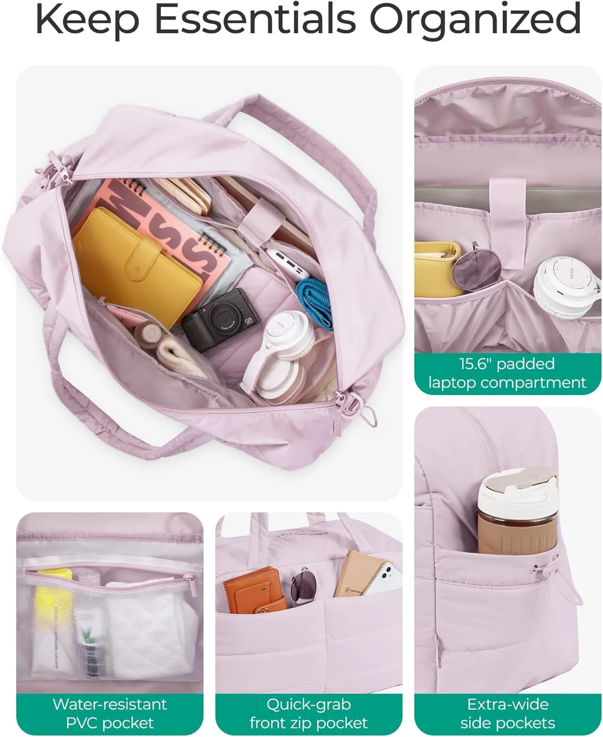BAGSMART Gym Bag for Women, Lightweight Travel Duffle Bag With Toiletry Pouch, 31L Quilted Laptop Carry on, Weekender Overnight Bag Organizer Duffel Bag for Travel, Water resistant