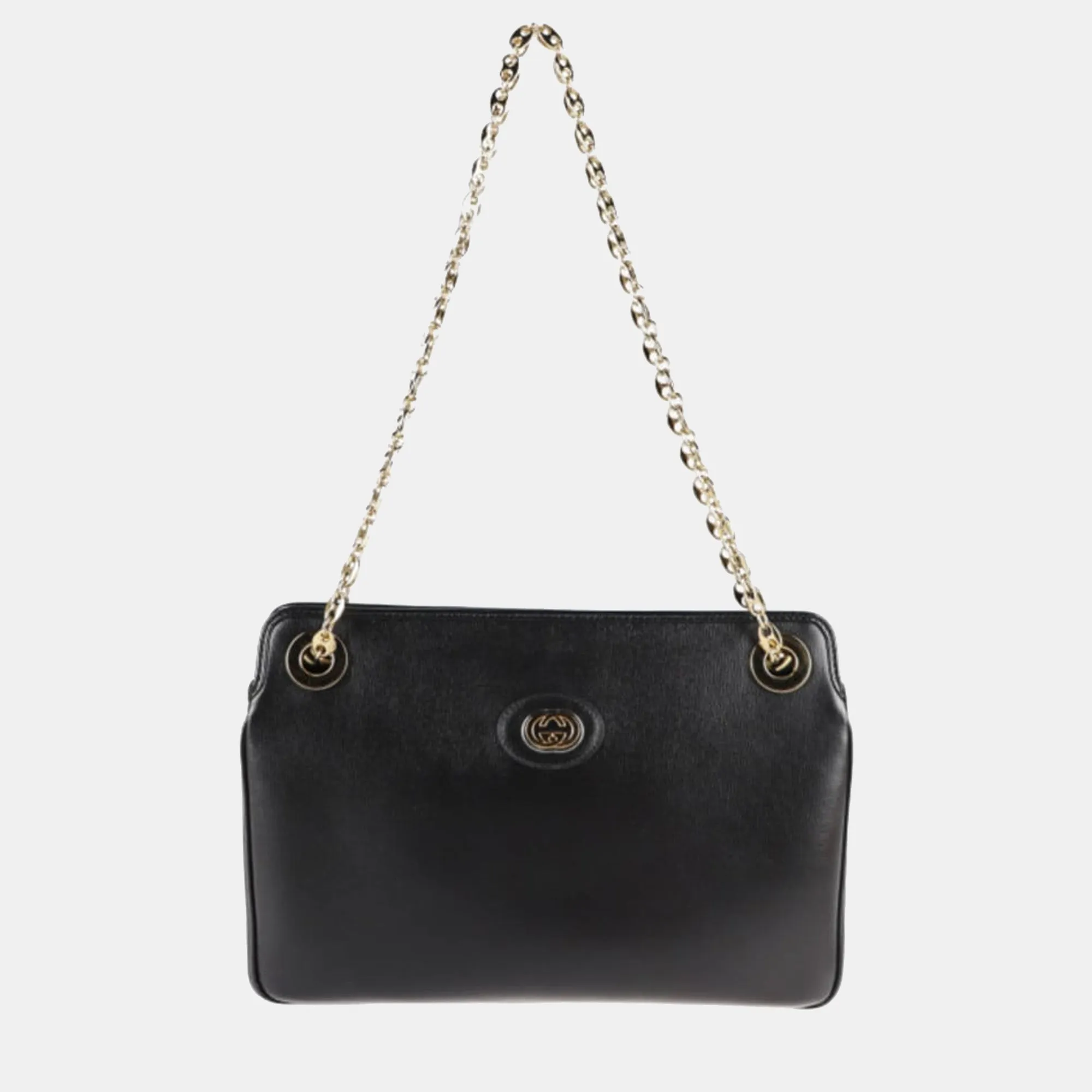 Black Leather Linea Marina Chain Shoulder Tote Bag