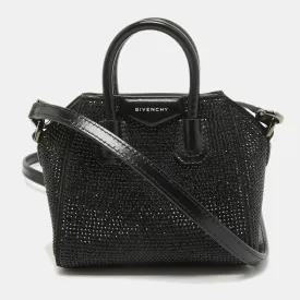 Black Satin and Leather Micro Antigona Crystals Crossbody Bag