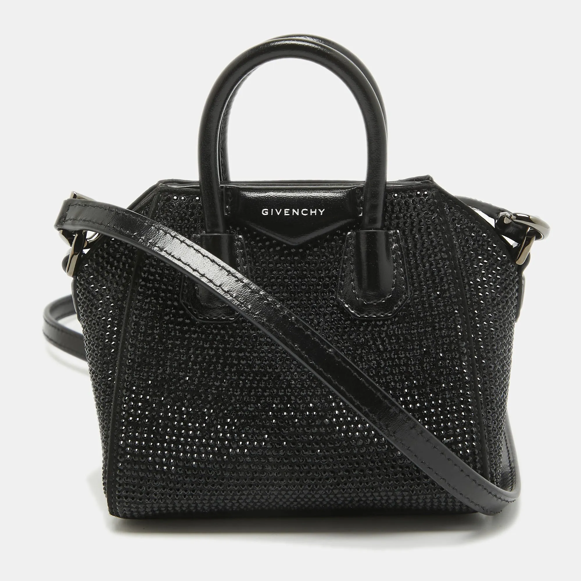 Black Satin and Leather Micro Antigona Crystals Crossbody Bag