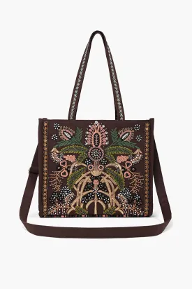 Boho Beaded Market Tote with Crossbody-Brown