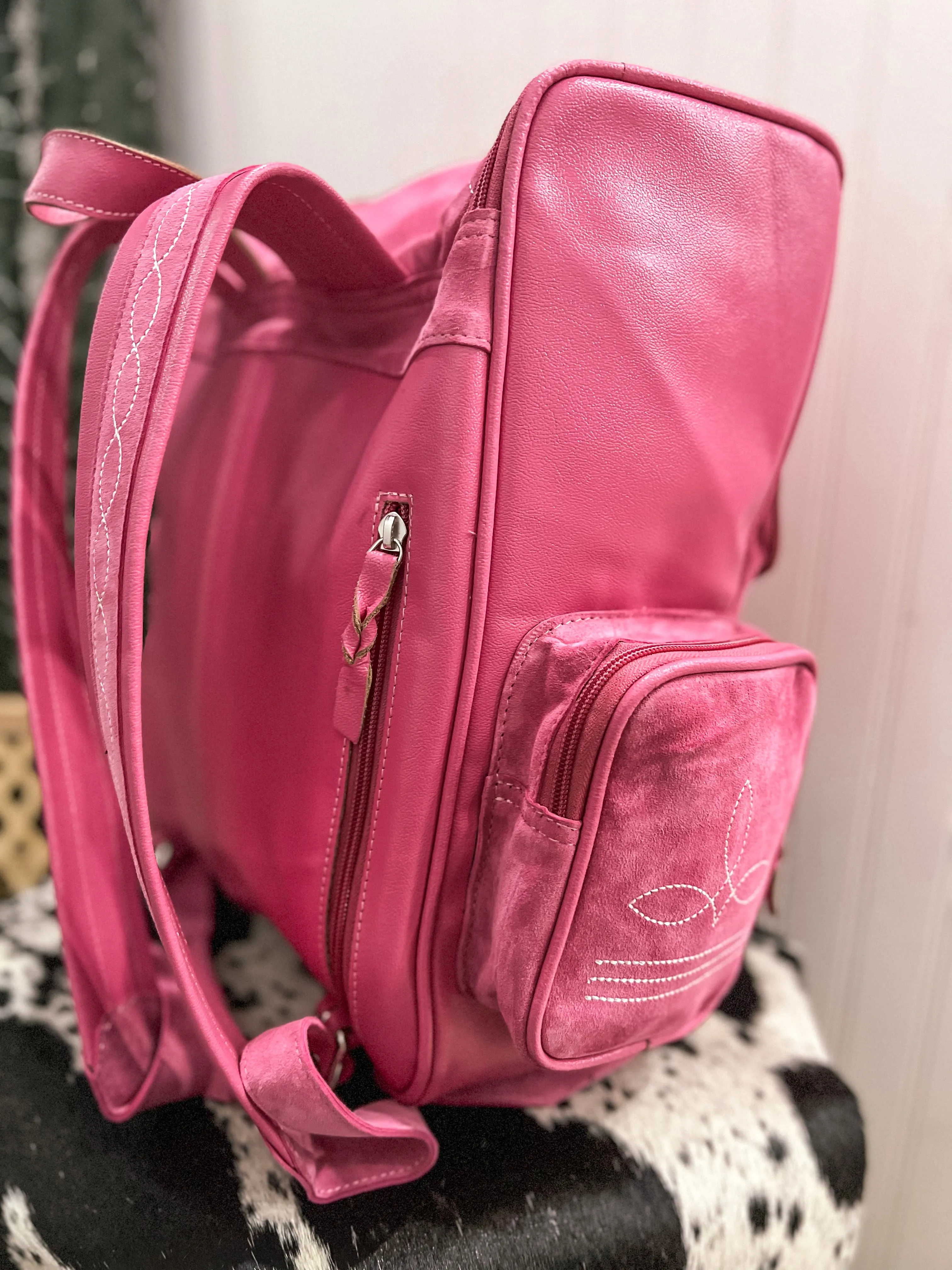 Boot Stitch Leather Backpack *Pink