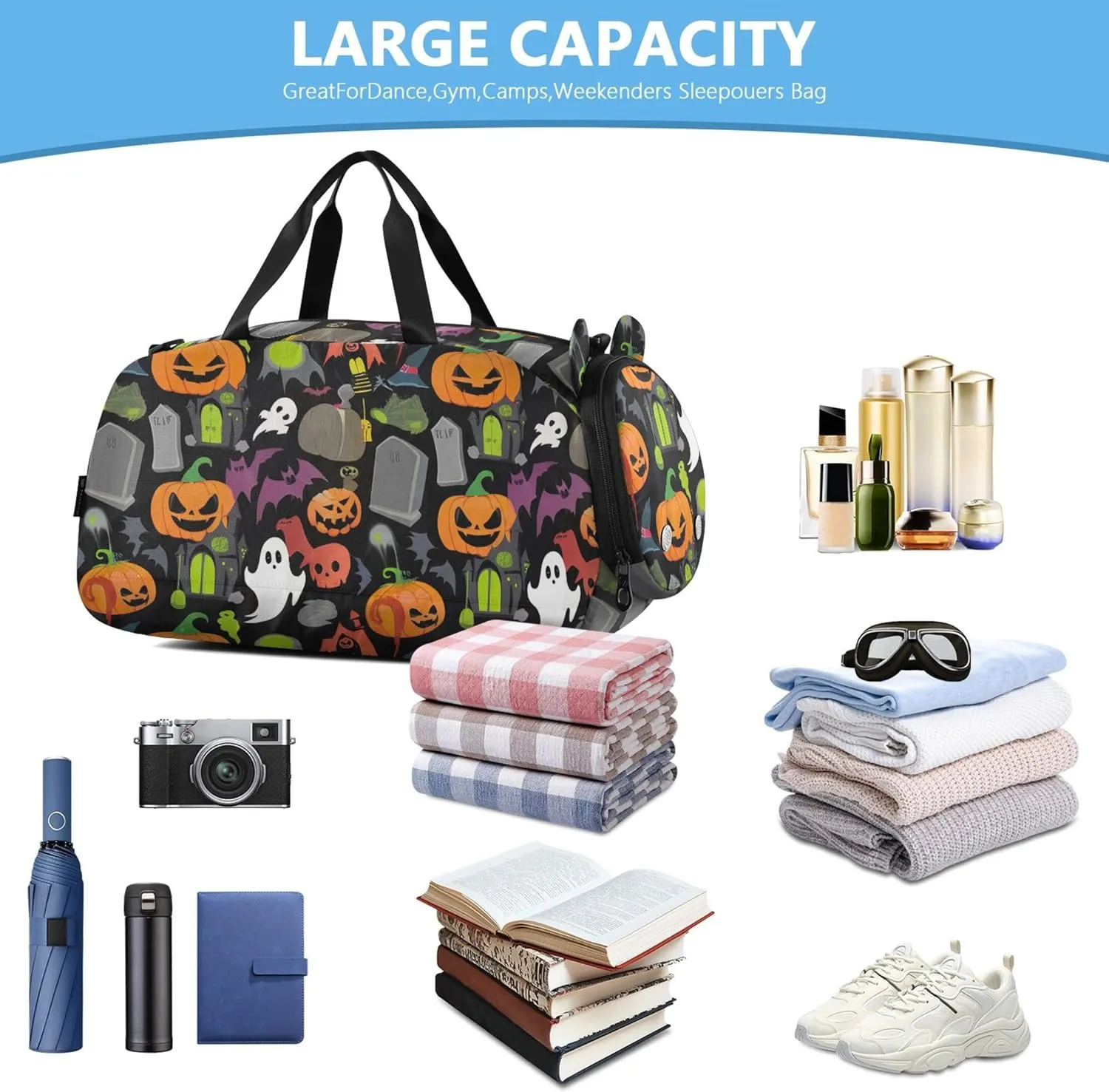 Boys Carry on Duffel Weekend Duffel Overnight Halloween Ghosts Pumpkins Girls Duffle Bags Travel Tote Gym Duffle Kids Luggage