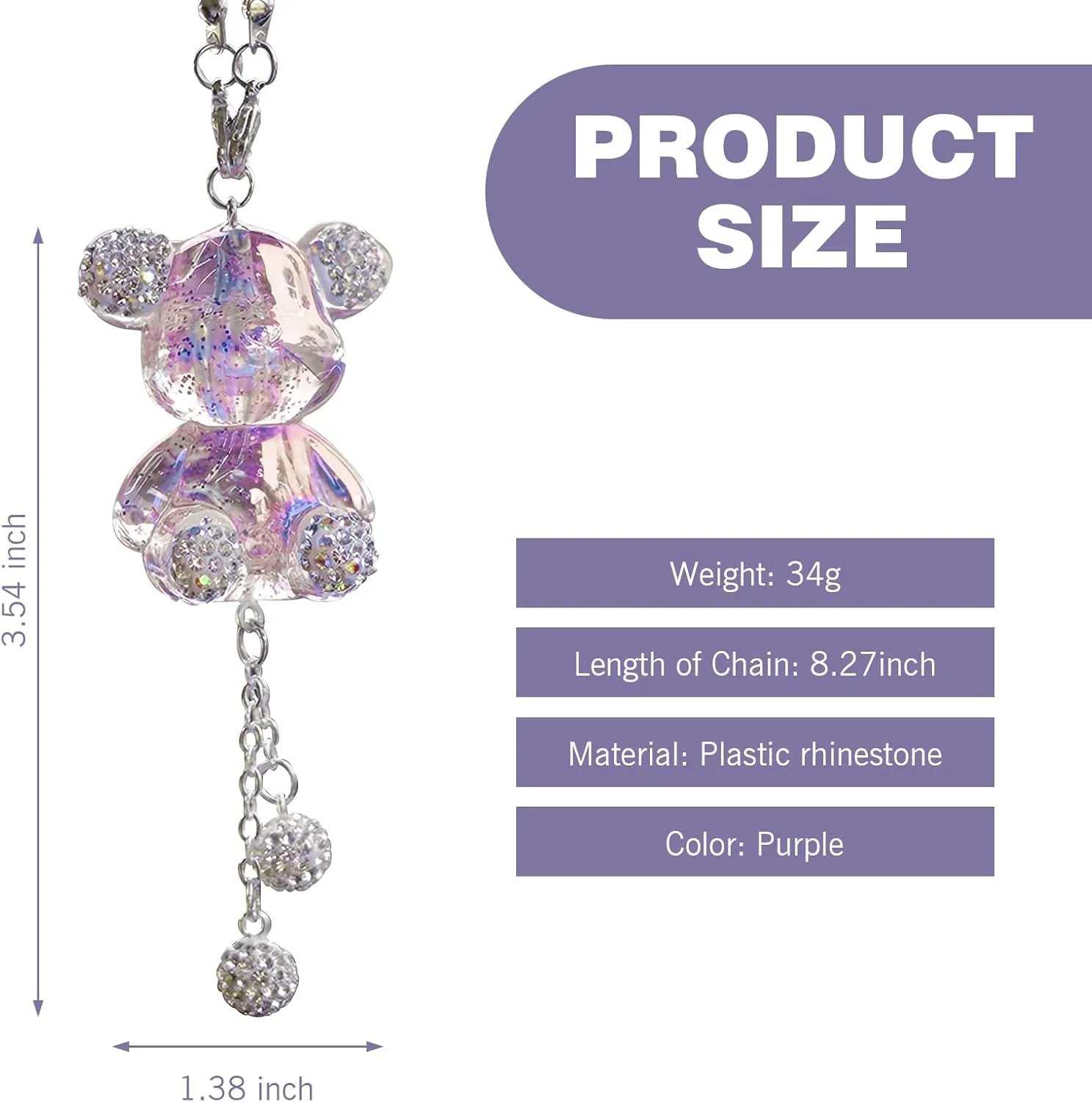 Car Rearview Mirror Pendant, Cute Crystal Bear Creative Pendant with Diamond Ball, Hanging Interior Multi-function Decoration Accessories for Women, for Most Cars Trucks (Purple)