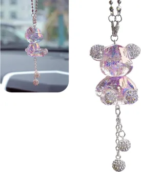 Car Rearview Mirror Pendant, Cute Crystal Bear Creative Pendant with Diamond Ball, Hanging Interior Multi-function Decoration Accessories for Women, for Most Cars Trucks (Purple)