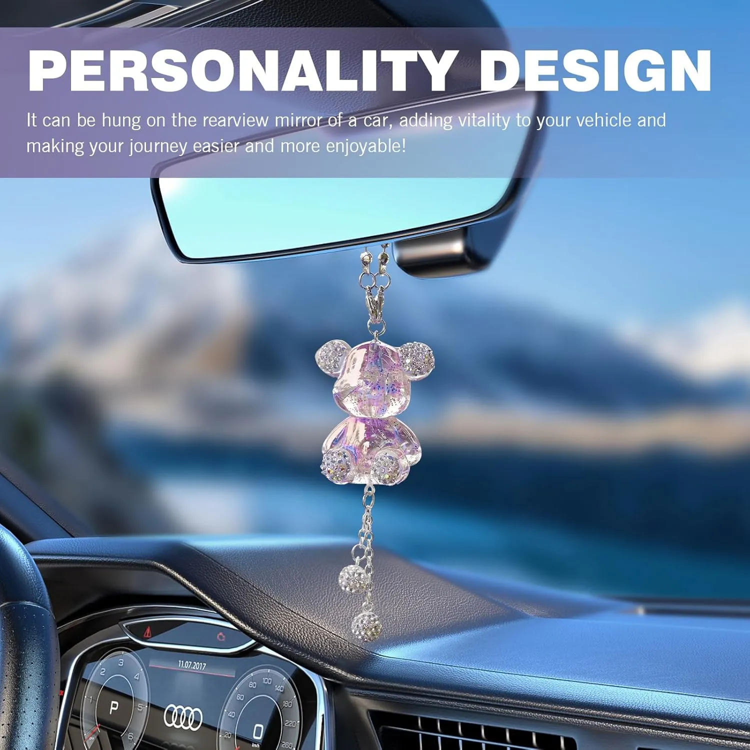 Car Rearview Mirror Pendant, Cute Crystal Bear Creative Pendant with Diamond Ball, Hanging Interior Multi-function Decoration Accessories for Women, for Most Cars Trucks (Purple)