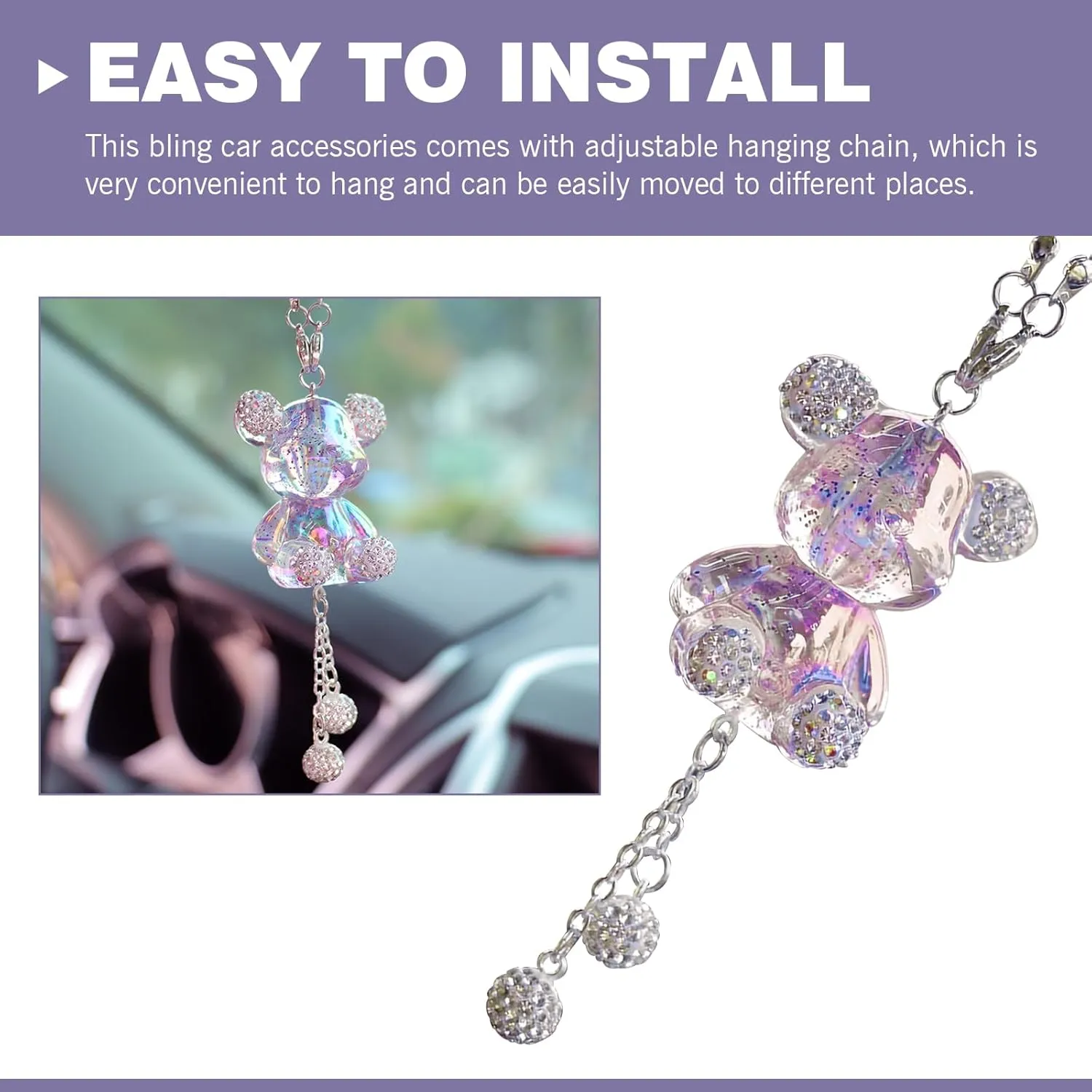 Car Rearview Mirror Pendant, Cute Crystal Bear Creative Pendant with Diamond Ball, Hanging Interior Multi-function Decoration Accessories for Women, for Most Cars Trucks (Purple)