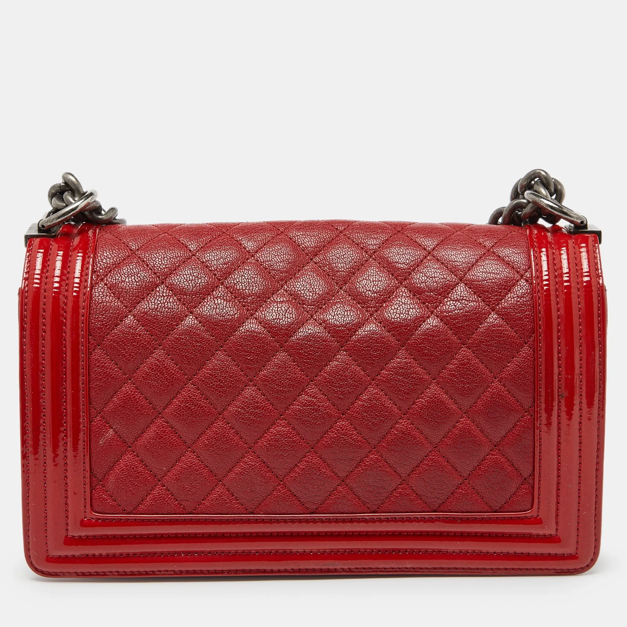 CHANEL Red Quilted Leather and Patent Leather Medium Boy New Bag