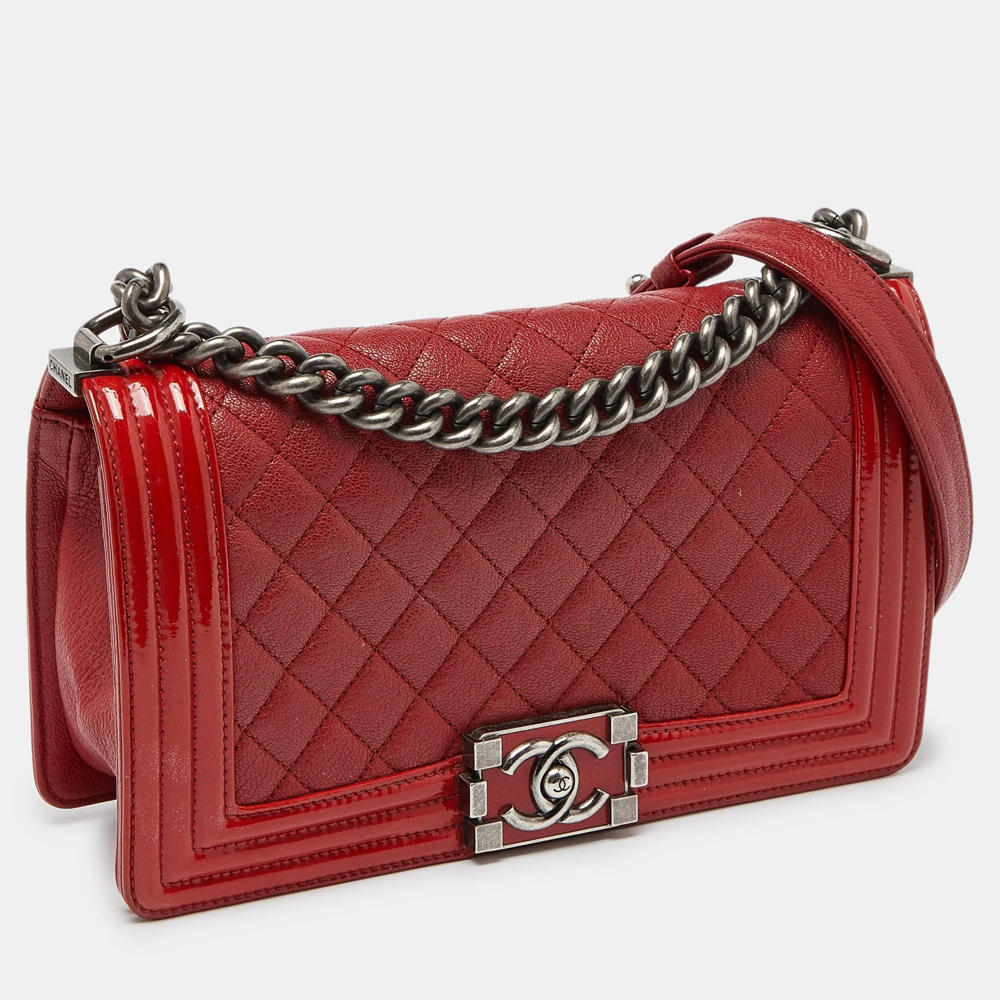 CHANEL Red Quilted Leather and Patent Leather Medium Boy New Bag