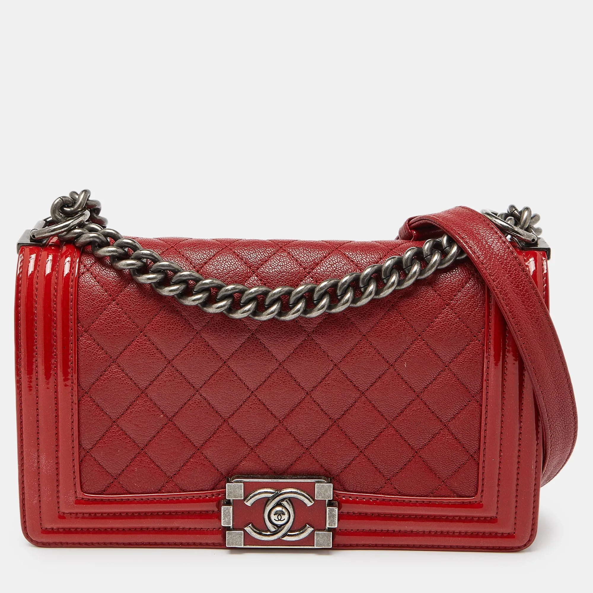 CHANEL Red Quilted Leather and Patent Leather Medium Boy New Bag