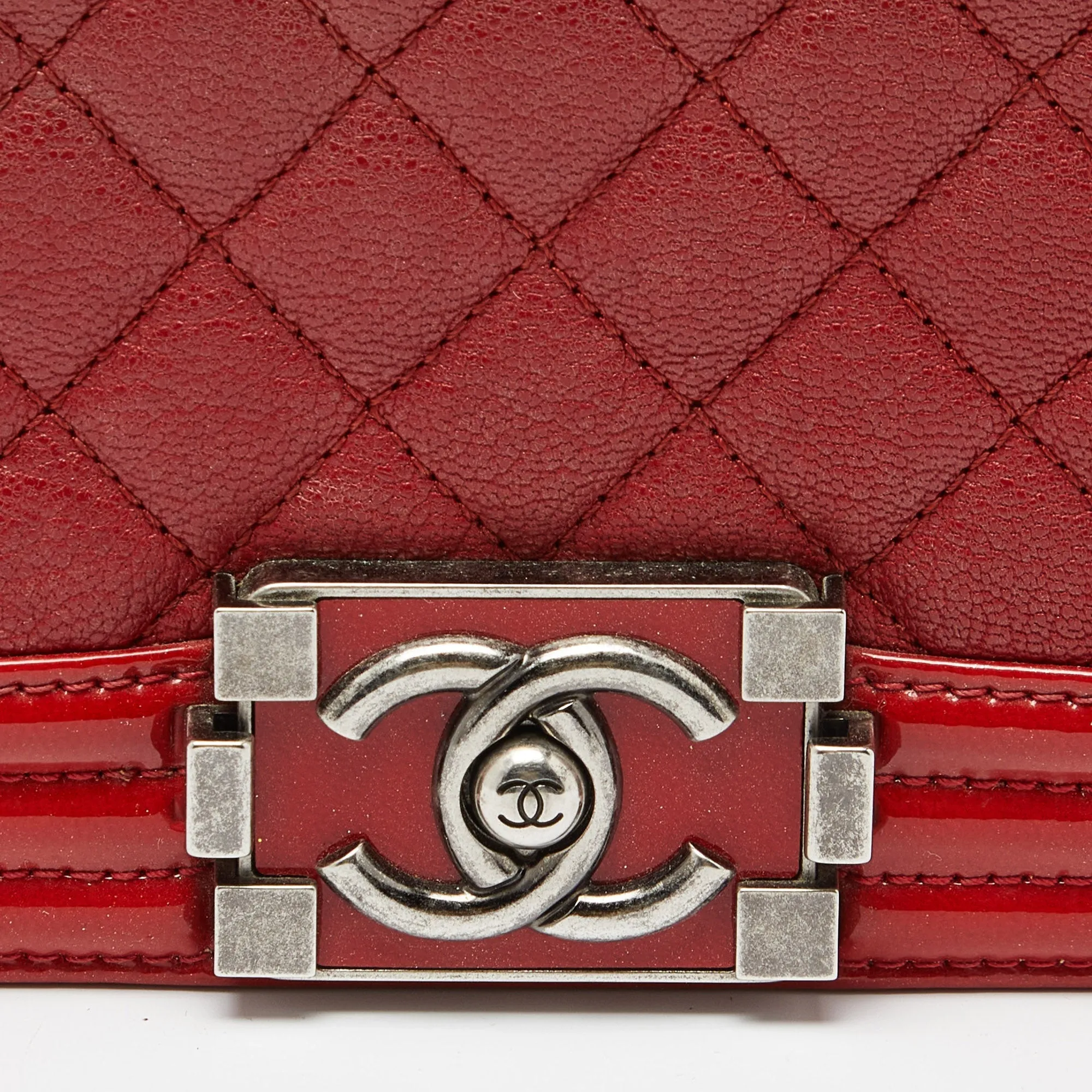 CHANEL Red Quilted Leather and Patent Leather Medium Boy New Bag