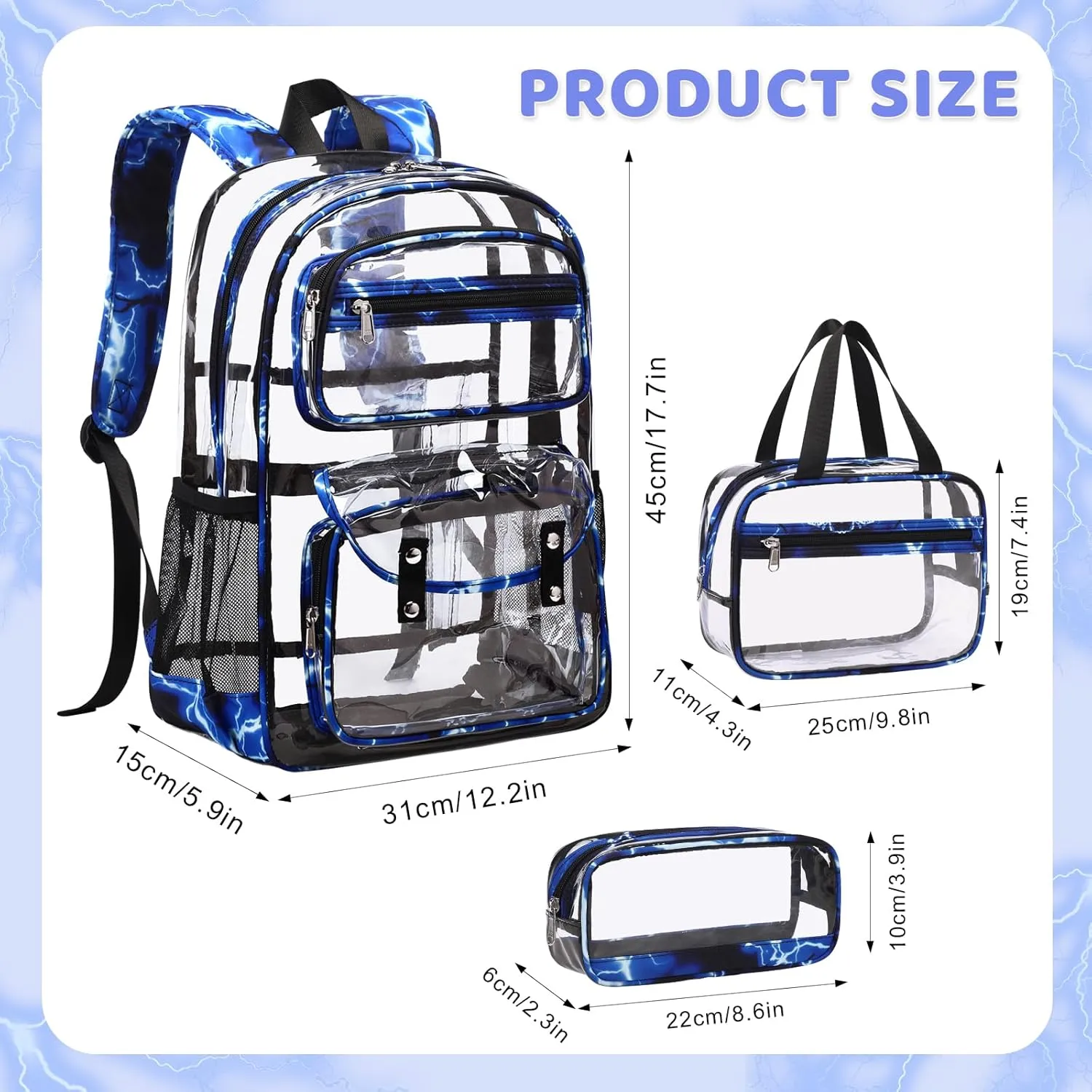 Clear Backpack for Boys Girls - 3 Pcs Clear Heavy Duty with Lunch Bag - See Through Backpack Stadium Approved