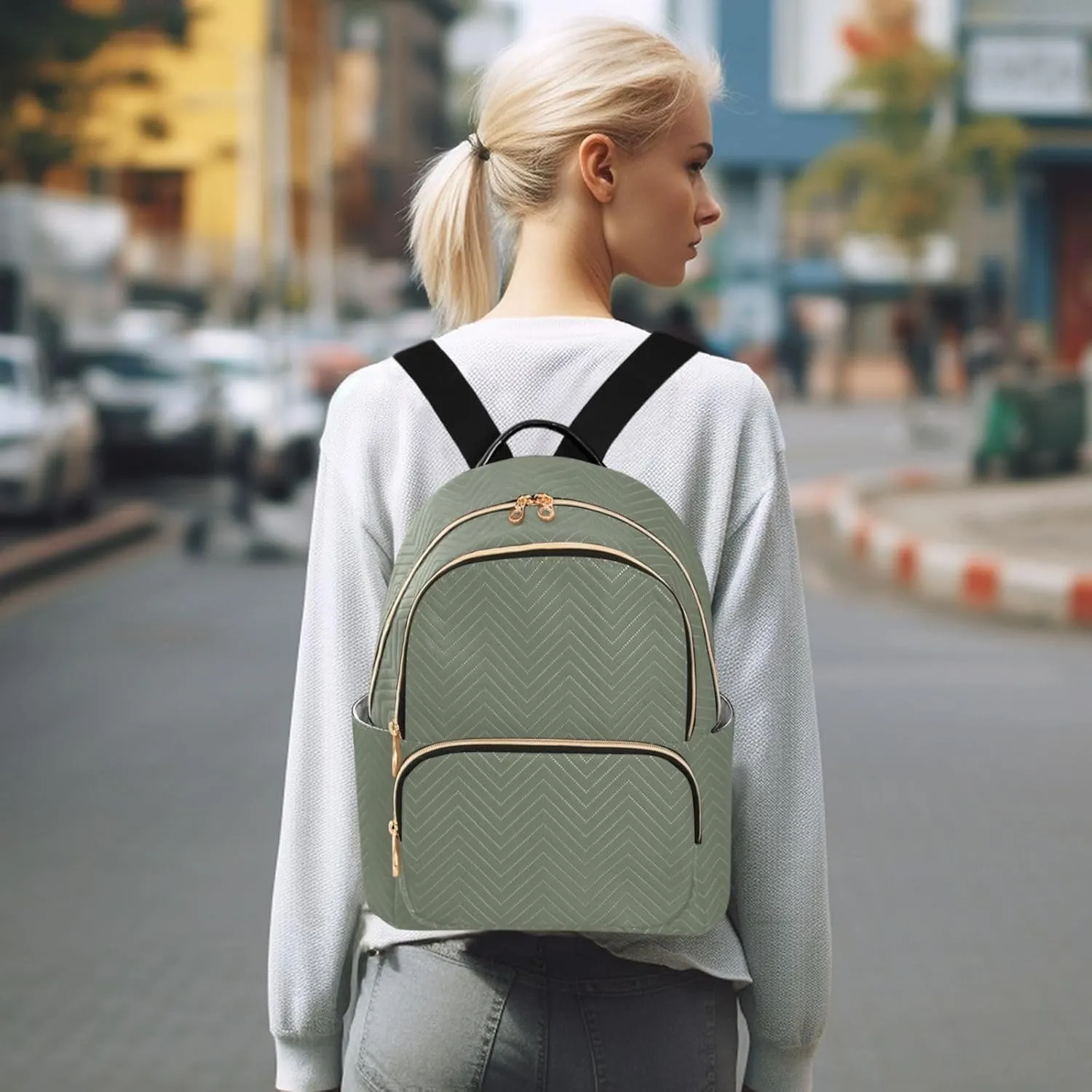 Contrast-grey Green Backpack Purse for Women Rucksack with Anti-theft Back for College Travel M