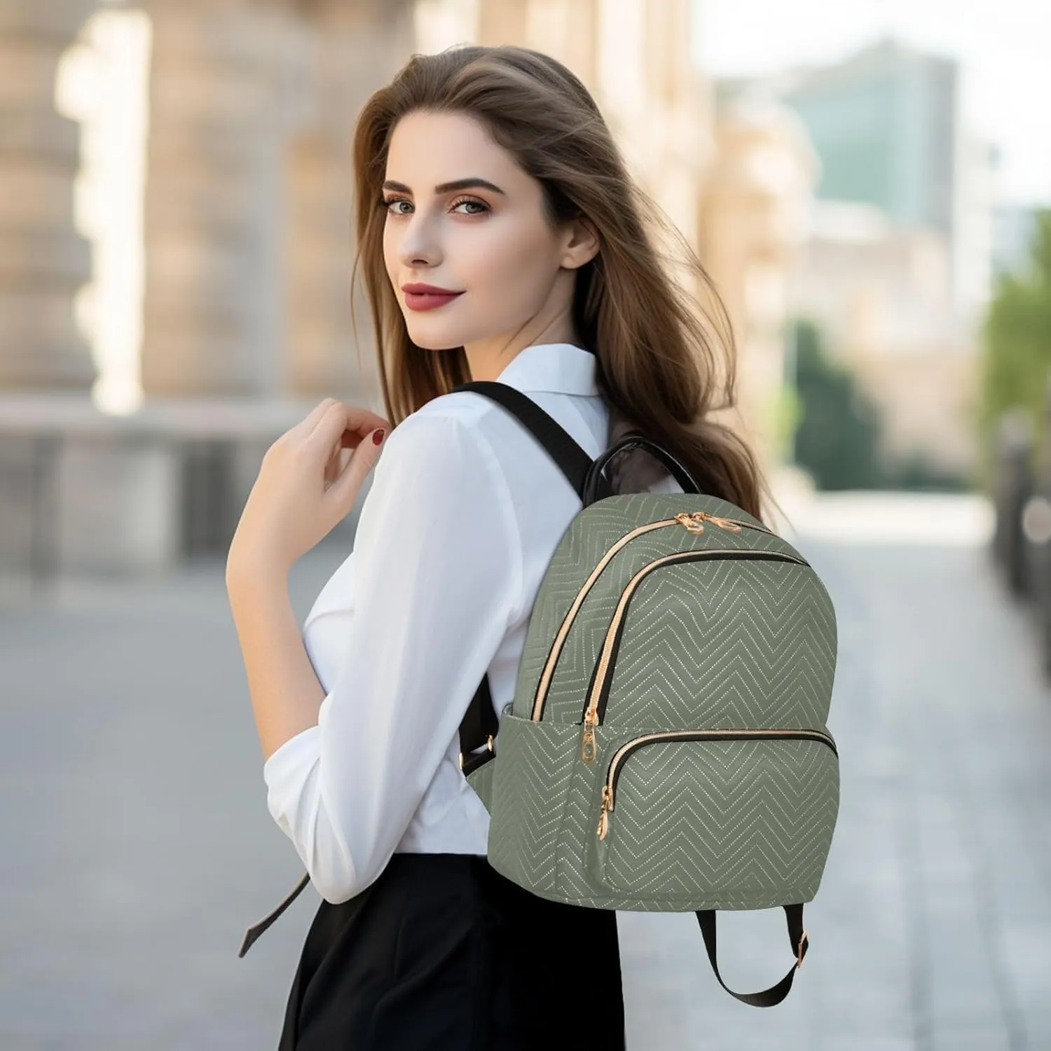 Contrast-grey Green Backpack Purse for Women Rucksack with Anti-theft Back for College Travel M