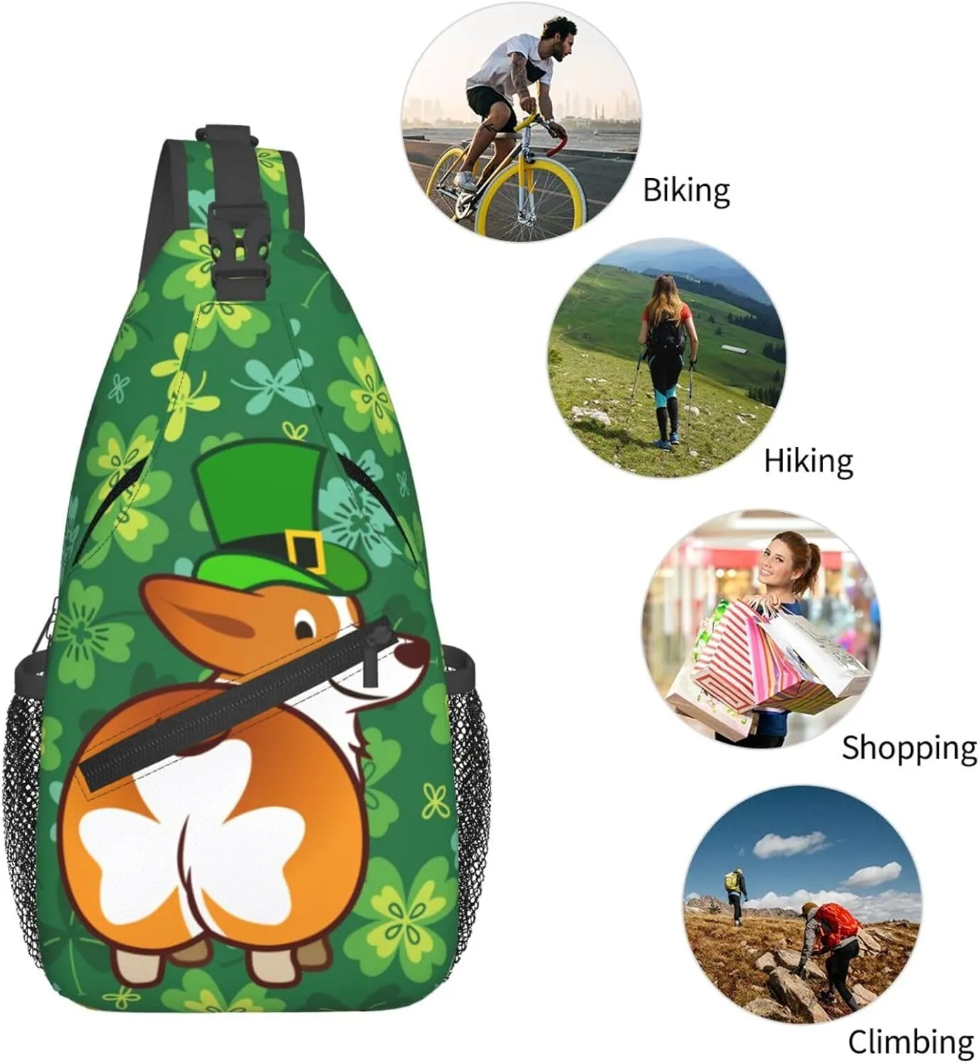 Funny St. Patrick'S Day Clover Corgi Butt Crossbody Sling Backpack For Women Men, Fashion Adjustable Lucky Clover Chest Bag Green Shoulder Bag Sling Bag For Sport Travel Hiking Daypack