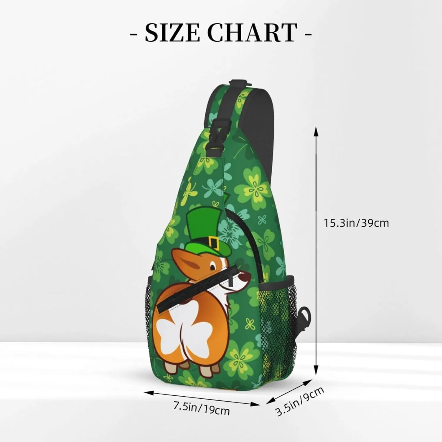 Funny St. Patrick'S Day Clover Corgi Butt Crossbody Sling Backpack For Women Men, Fashion Adjustable Lucky Clover Chest Bag Green Shoulder Bag Sling Bag For Sport Travel Hiking Daypack