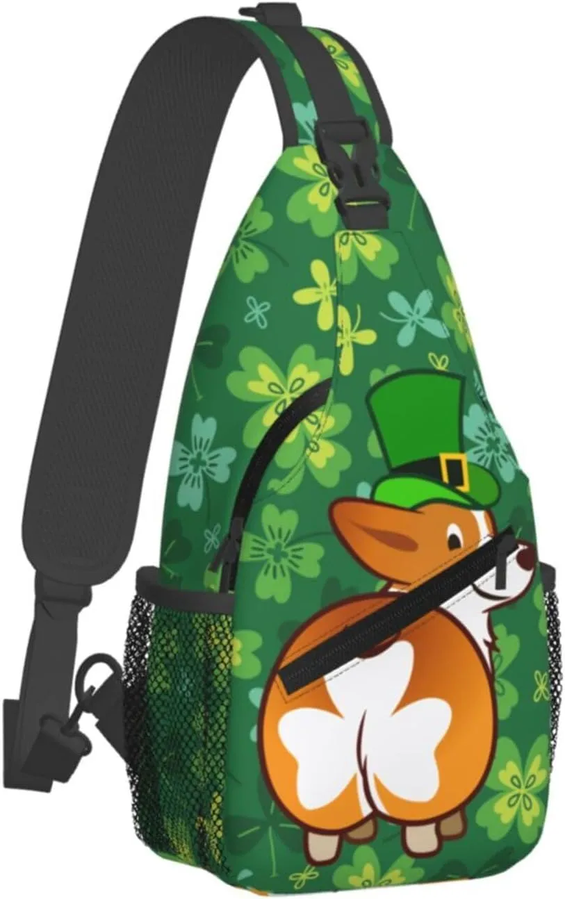 Funny St. Patrick'S Day Clover Corgi Butt Crossbody Sling Backpack For Women Men, Fashion Adjustable Lucky Clover Chest Bag Green Shoulder Bag Sling Bag For Sport Travel Hiking Daypack