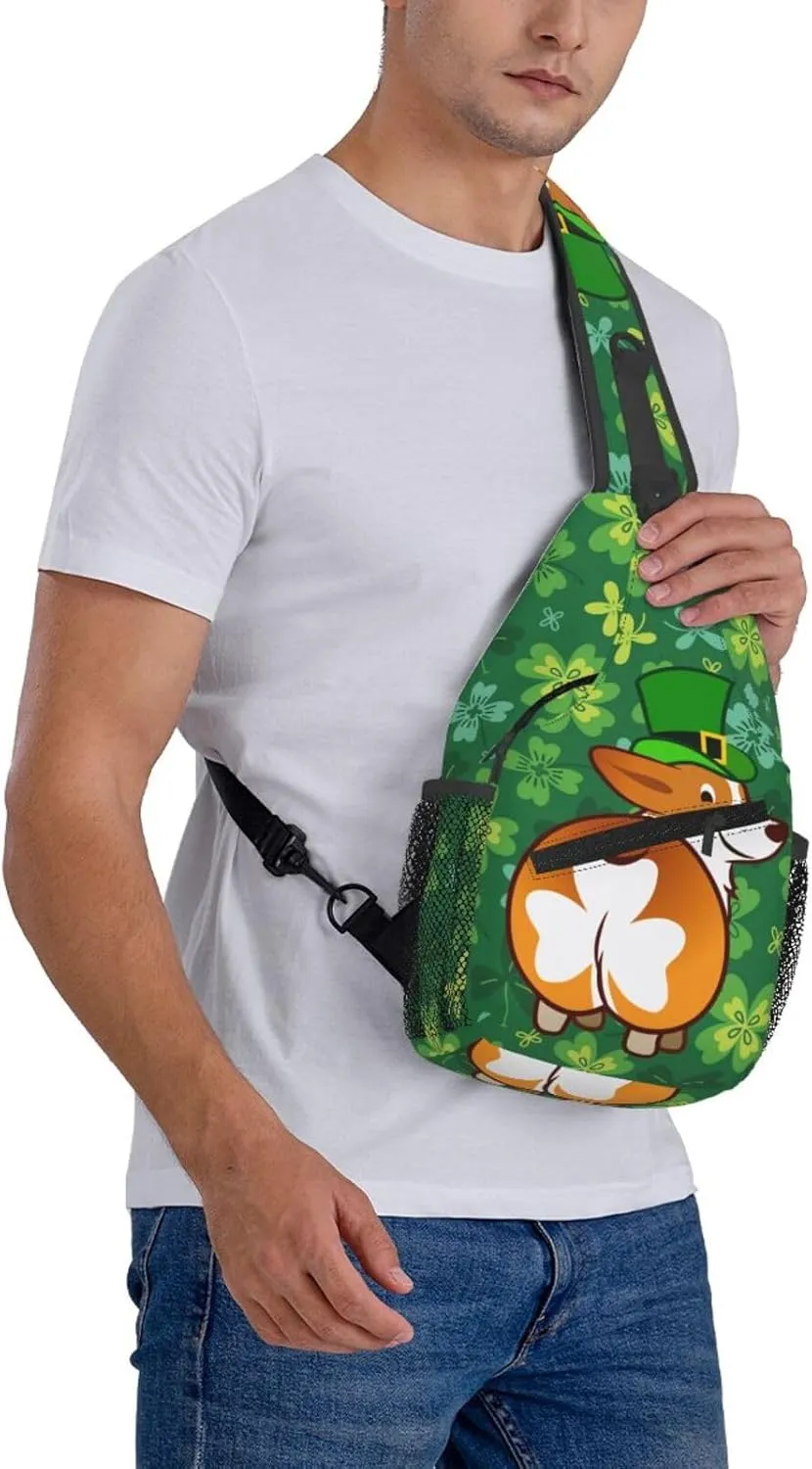 Funny St. Patrick'S Day Clover Corgi Butt Crossbody Sling Backpack For Women Men, Fashion Adjustable Lucky Clover Chest Bag Green Shoulder Bag Sling Bag For Sport Travel Hiking Daypack