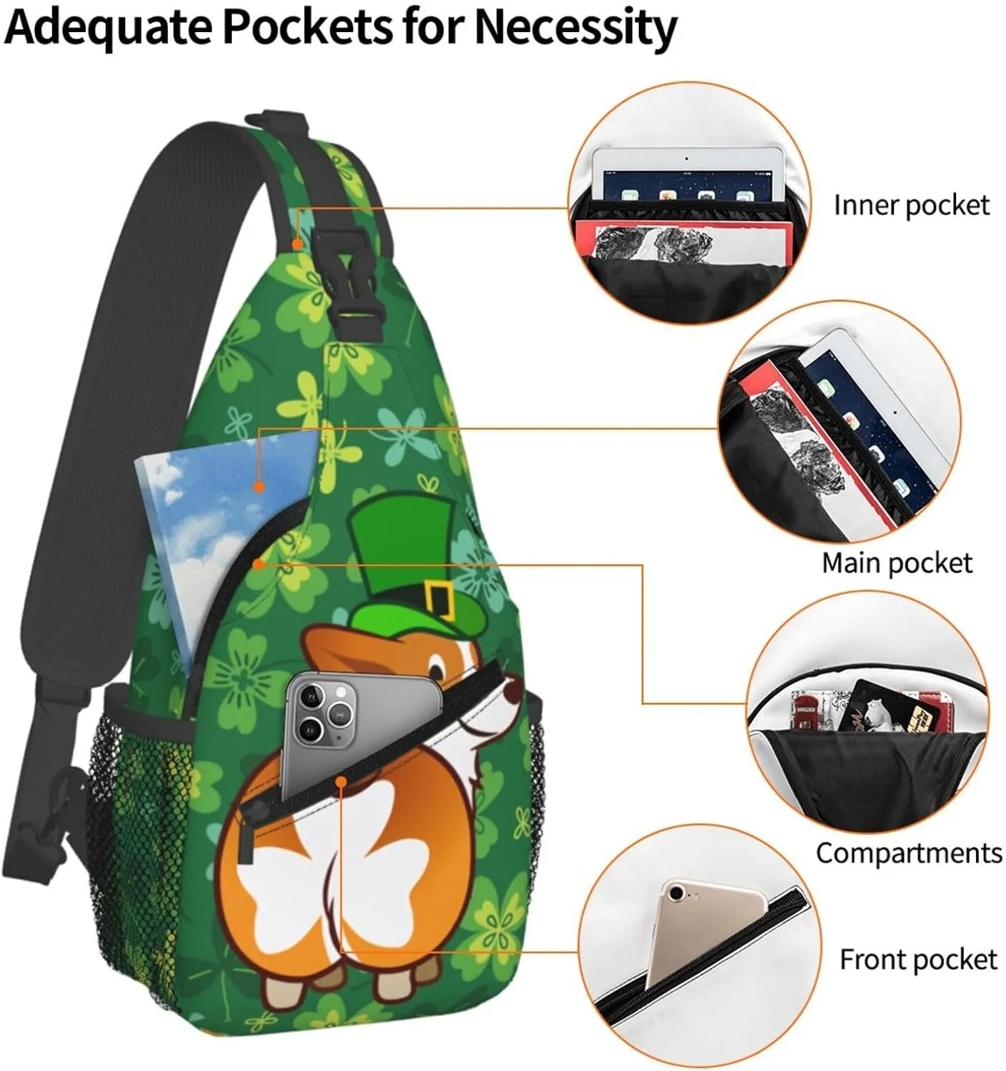 Funny St. Patrick'S Day Clover Corgi Butt Crossbody Sling Backpack For Women Men, Fashion Adjustable Lucky Clover Chest Bag Green Shoulder Bag Sling Bag For Sport Travel Hiking Daypack