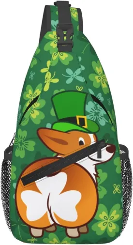 Funny St. Patrick'S Day Clover Corgi Butt Crossbody Sling Backpack For Women Men, Fashion Adjustable Lucky Clover Chest Bag Green Shoulder Bag Sling Bag For Sport Travel Hiking Daypack