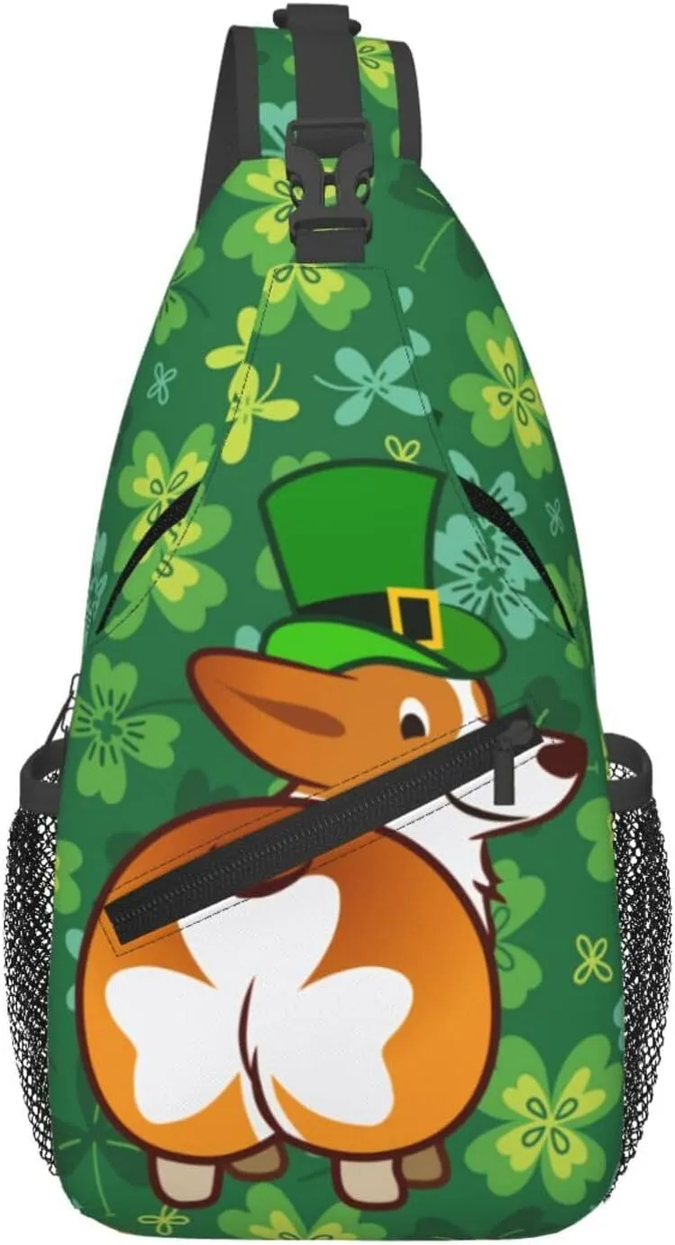 Funny St. Patrick'S Day Clover Corgi Butt Crossbody Sling Backpack For Women Men, Fashion Adjustable Lucky Clover Chest Bag Green Shoulder Bag Sling Bag For Sport Travel Hiking Daypack