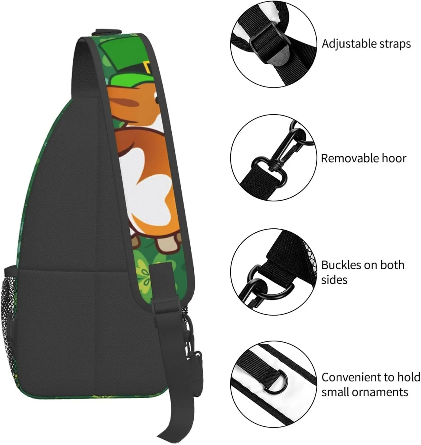 Funny St. Patrick'S Day Clover Corgi Butt Crossbody Sling Backpack For Women Men, Fashion Adjustable Lucky Clover Chest Bag Green Shoulder Bag Sling Bag For Sport Travel Hiking Daypack