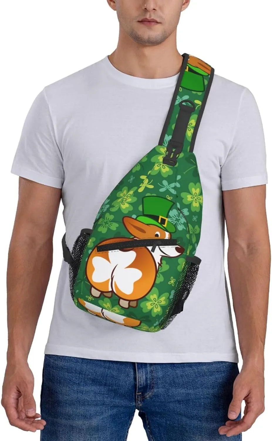 Funny St. Patrick'S Day Clover Corgi Butt Crossbody Sling Backpack For Women Men, Fashion Adjustable Lucky Clover Chest Bag Green Shoulder Bag Sling Bag For Sport Travel Hiking Daypack