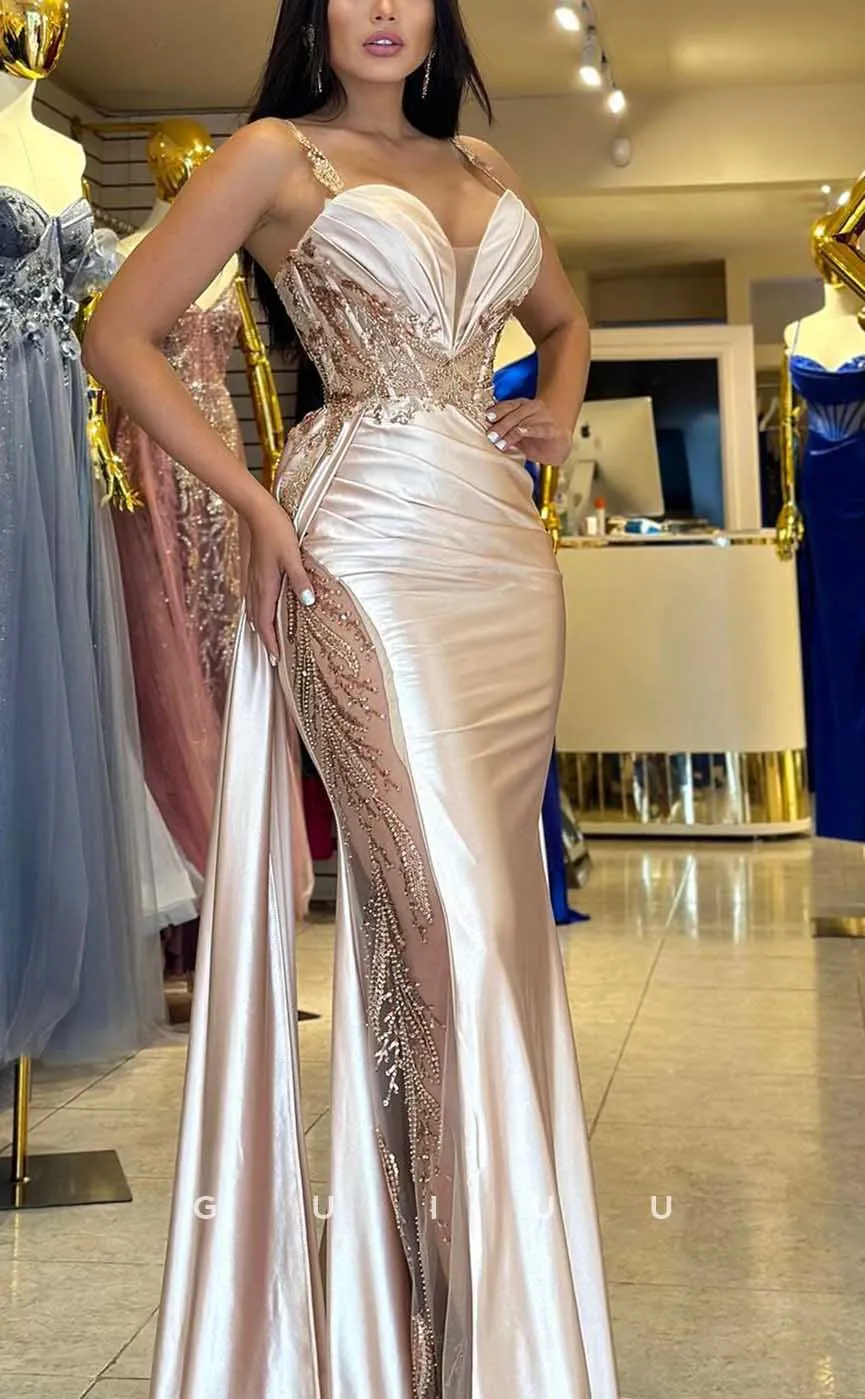 G4349 - Chic & Modern Sheath V-Neck Draped and Floral Beaded Evening Party Prom Dress with Overlay