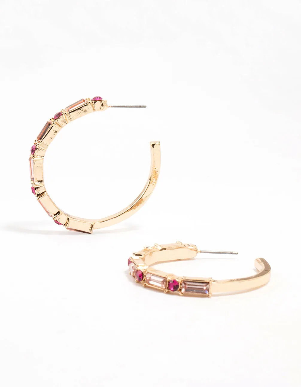 Gold Baguette Pink Diamante Crystals Hoop Earrings