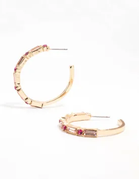 Gold Baguette Pink Diamante Crystals Hoop Earrings