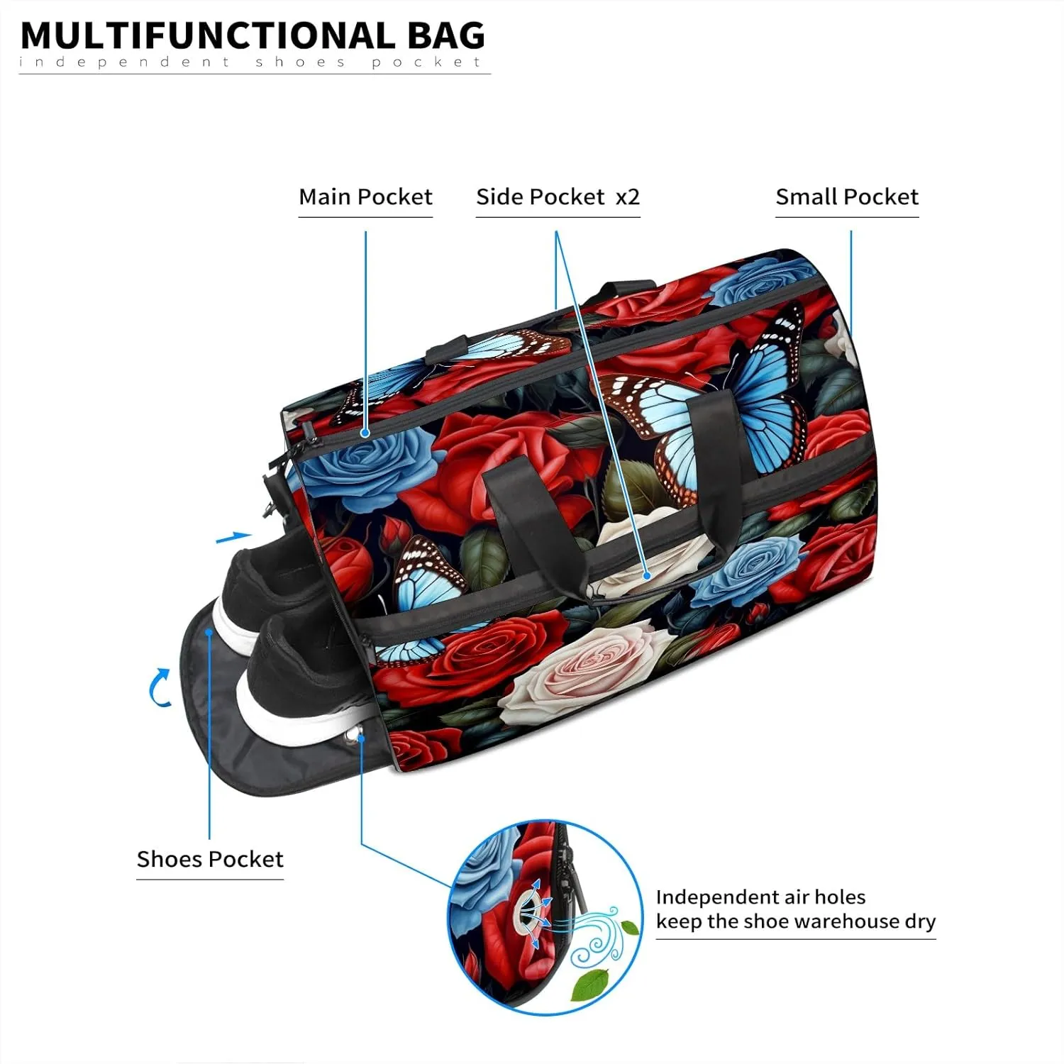 Gym Bag for Women, Carry on Weekender Overnight Bag, Travel Duffel Bags, Personal Item Travel Bag Tote Bag Workout Dance Bag, Butterfly Rose Flower - 12