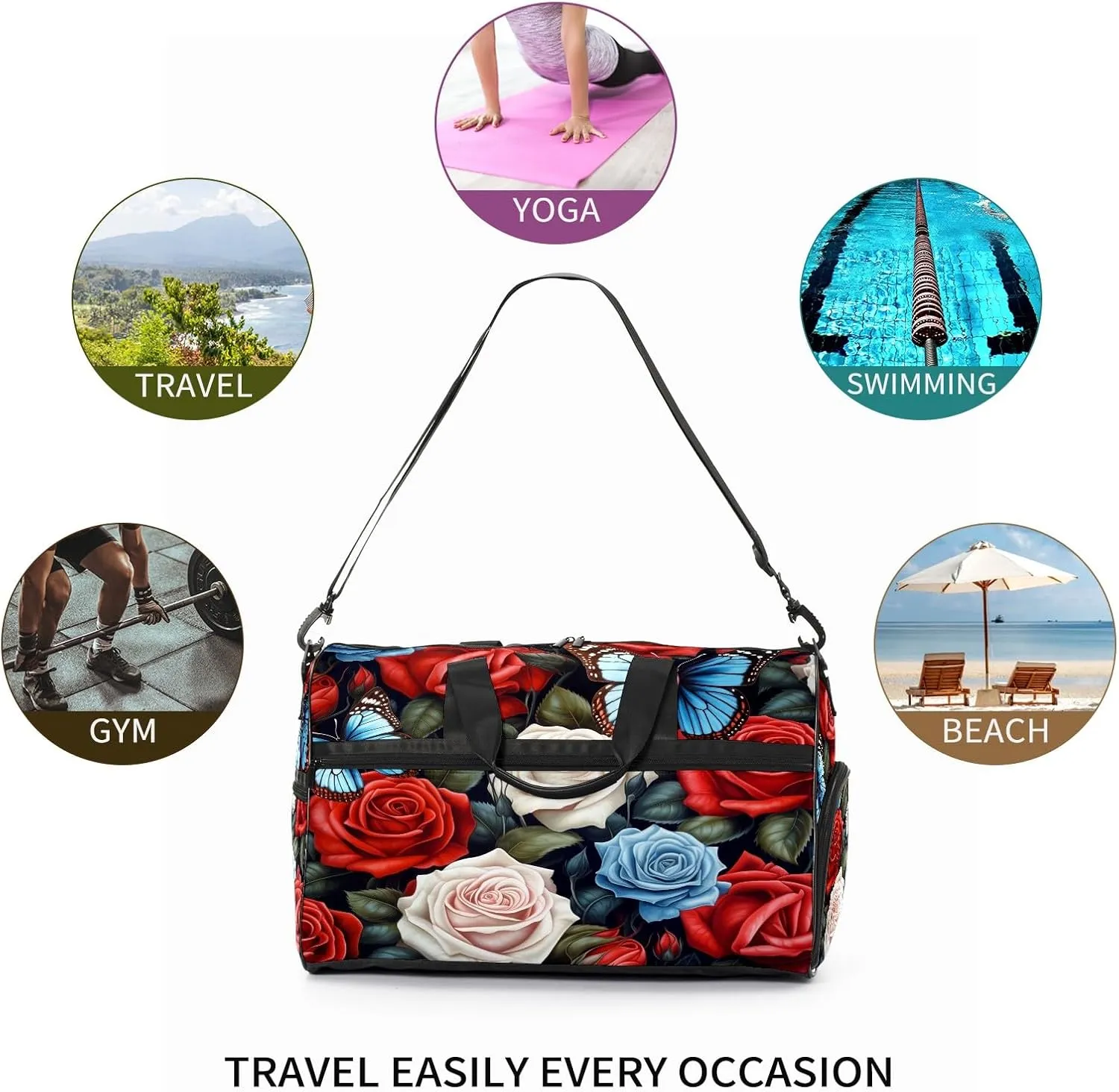 Gym Bag for Women, Carry on Weekender Overnight Bag, Travel Duffel Bags, Personal Item Travel Bag Tote Bag Workout Dance Bag, Butterfly Rose Flower - 12