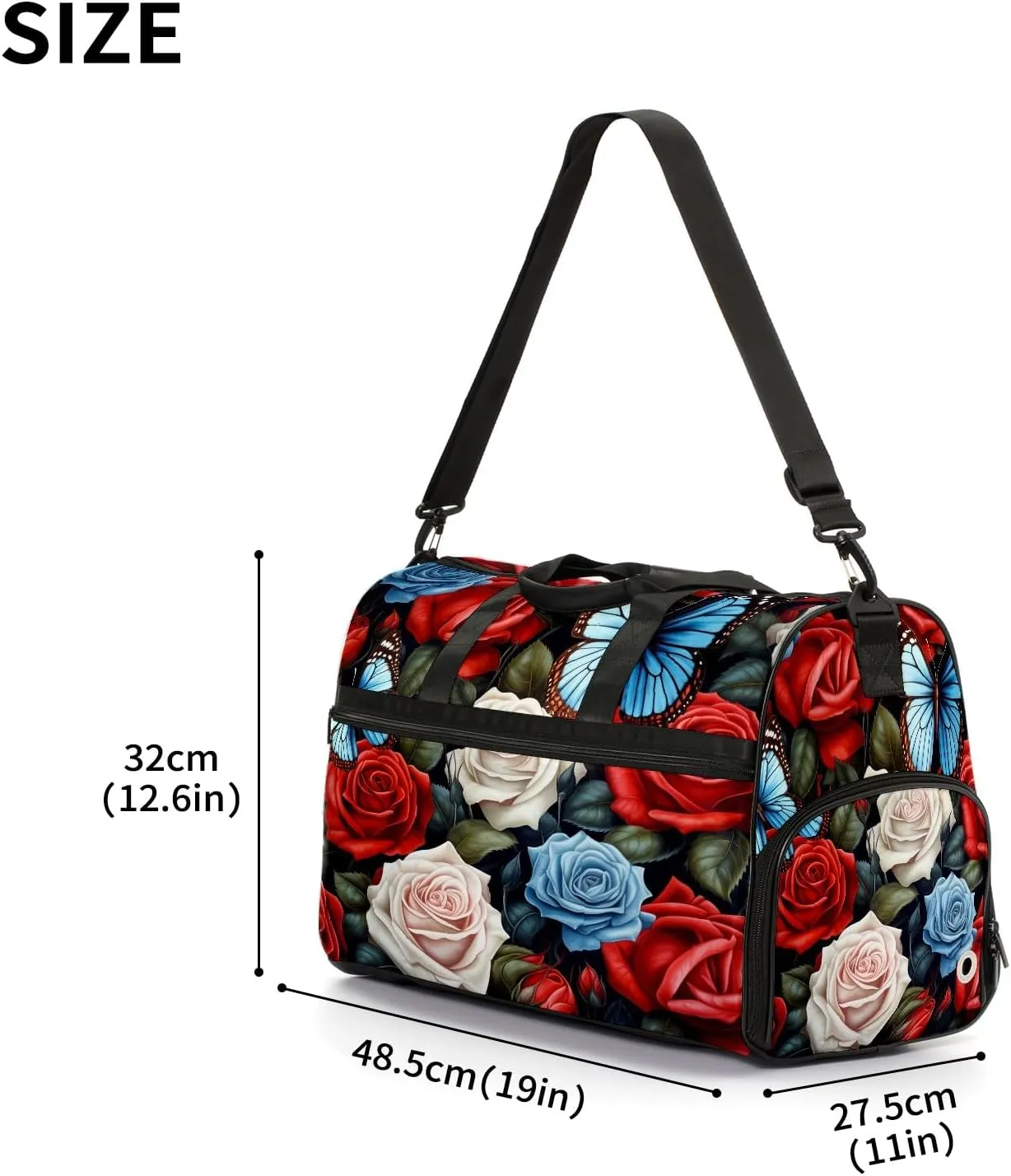 Gym Bag for Women, Carry on Weekender Overnight Bag, Travel Duffel Bags, Personal Item Travel Bag Tote Bag Workout Dance Bag, Butterfly Rose Flower - 12