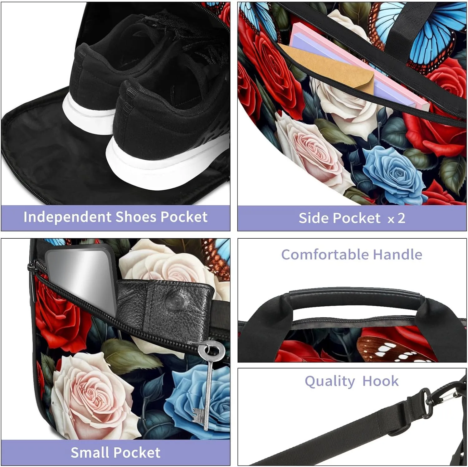 Gym Bag for Women, Carry on Weekender Overnight Bag, Travel Duffel Bags, Personal Item Travel Bag Tote Bag Workout Dance Bag, Butterfly Rose Flower - 12