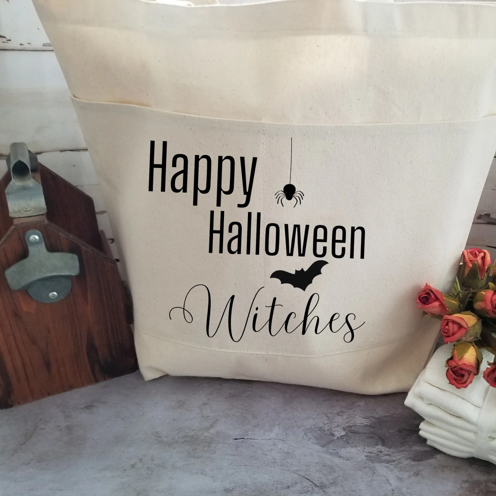 Halloween Heavy Cotton Canvas Tote | Large Funny Halloween Tote Bag with Pockets | Reusable Bag for Shopping, Beach or Overnight
