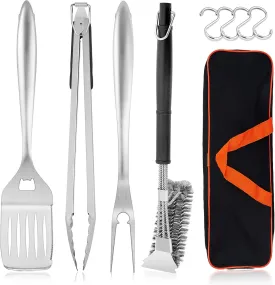 HaSteeL Grilling Utensil Set 18in, Stainless Steel BBQ Accessories Tools with Bag for Outdoor Cooking Camping, Heavy Duty Grill Spatula, Tong, Meat Fork, Basting Brush, Cleaning Brush, Mans Gift