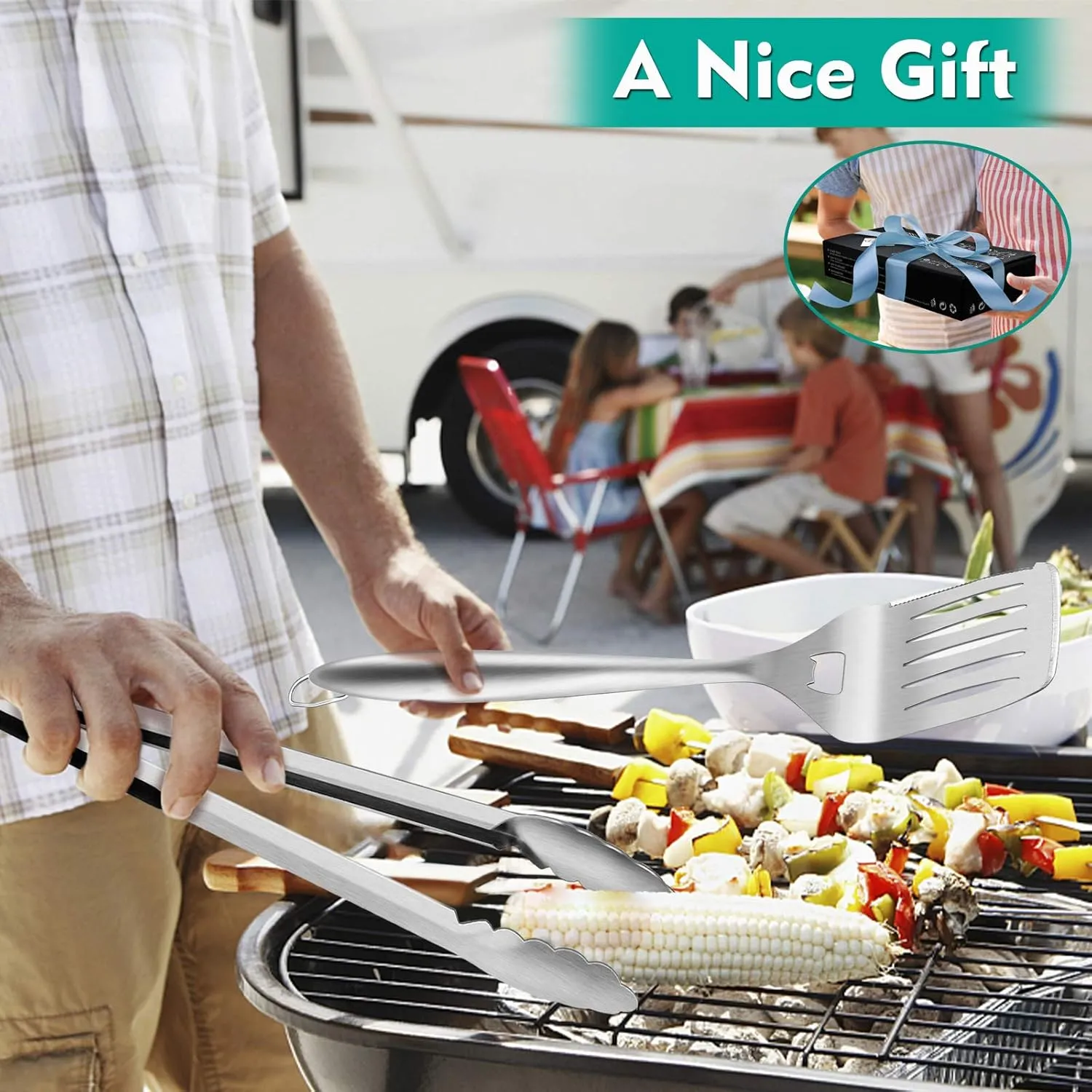 HaSteeL Grilling Utensil Set 18in, Stainless Steel BBQ Accessories Tools with Bag for Outdoor Cooking Camping, Heavy Duty Grill Spatula, Tong, Meat Fork, Basting Brush, Cleaning Brush, Mans Gift