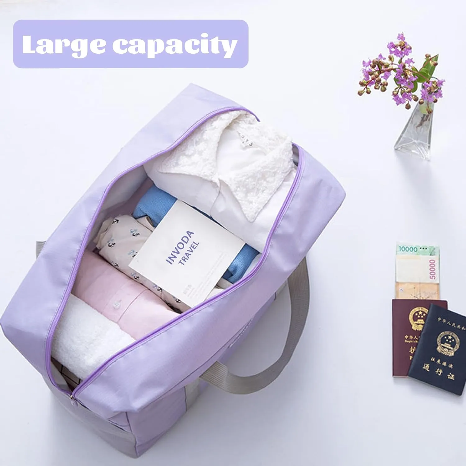 INVODA Travel Bag Foldable Duffle Bag Spirit Airlines Personal Item Bags for Women Men Lightweight Short Trip Carry On Sports Gym Tote Weekender Overnight Bag (1002 Blue)
