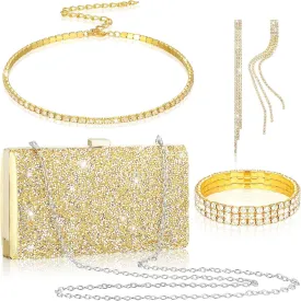 Kigeli 4 Pieces Women Rhinestone Evening Clutch Bag Bling Earring Necklace Bracelet for Wedding Formal