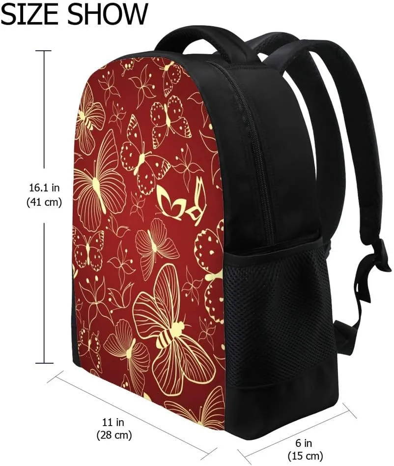 Kuizee Classic Backpack Schoolbag Adjustable Padded Shoulder Straps Daypack Red Stylized Butterflies Vintage Casual Bags Durable College Daily 16Inch