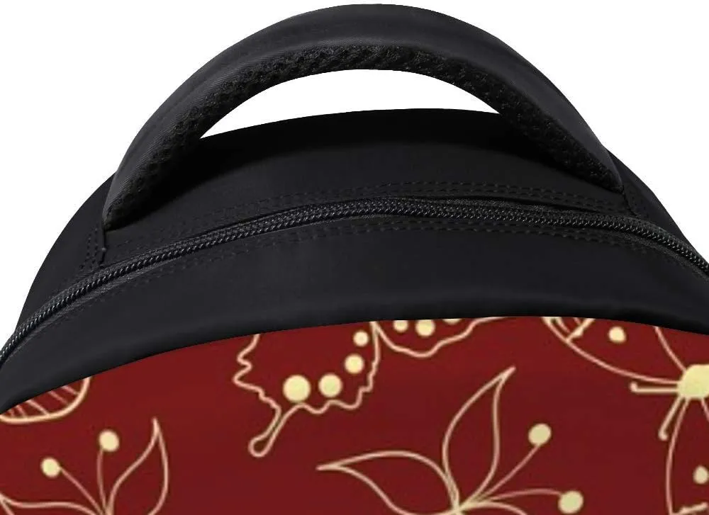 Kuizee Classic Backpack Schoolbag Adjustable Padded Shoulder Straps Daypack Red Stylized Butterflies Vintage Casual Bags Durable College Daily 16Inch
