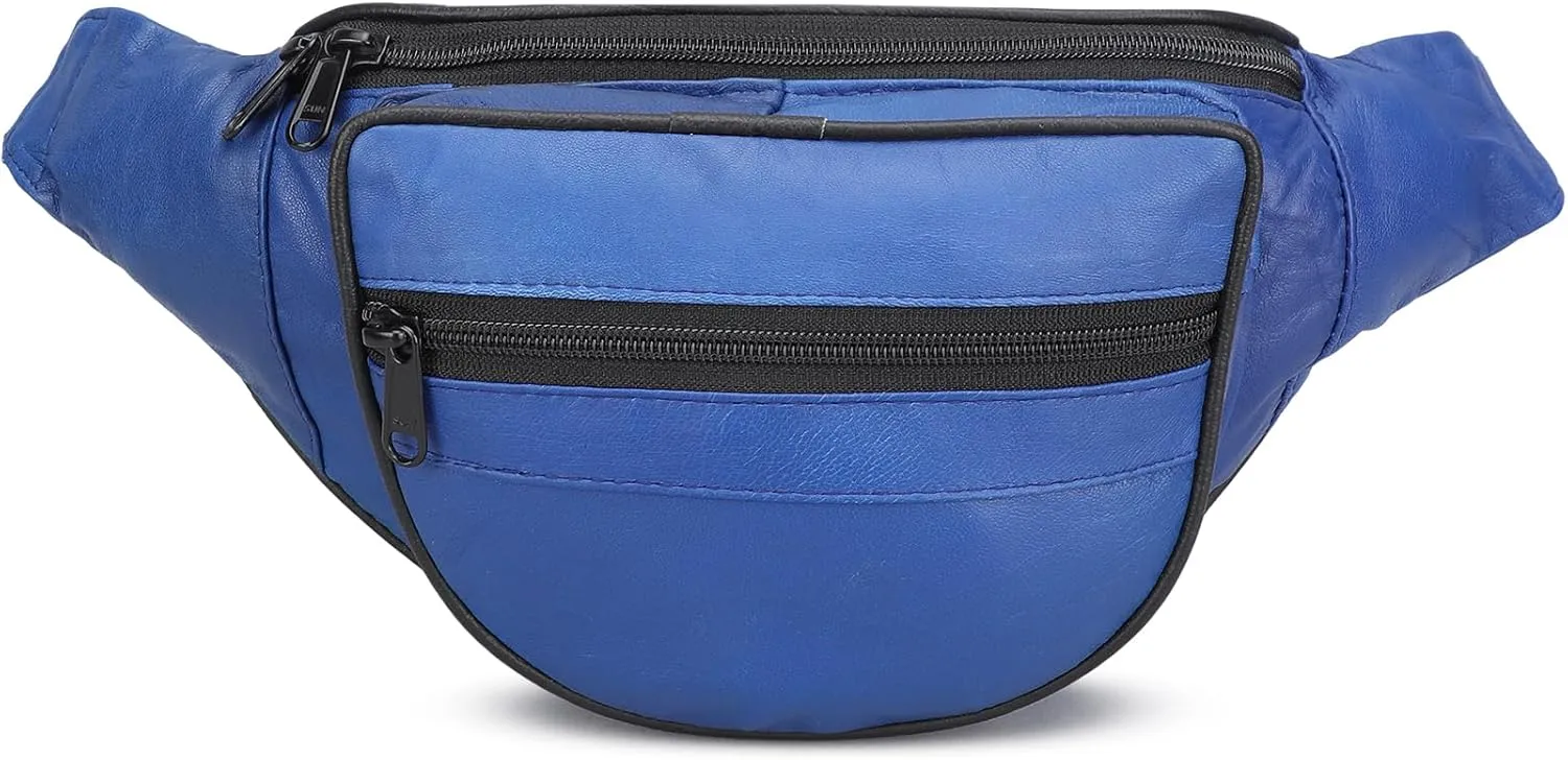 Leatherboss Genuine Leather Designer Travel Fanny Pack Holder Bag with Waist Belt, Blue